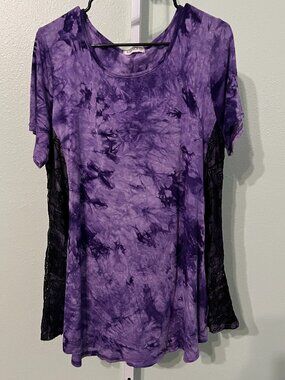 Larace Purple Tie Dye Stretchy Tunic with Black Lace Side Panels SZ 2X